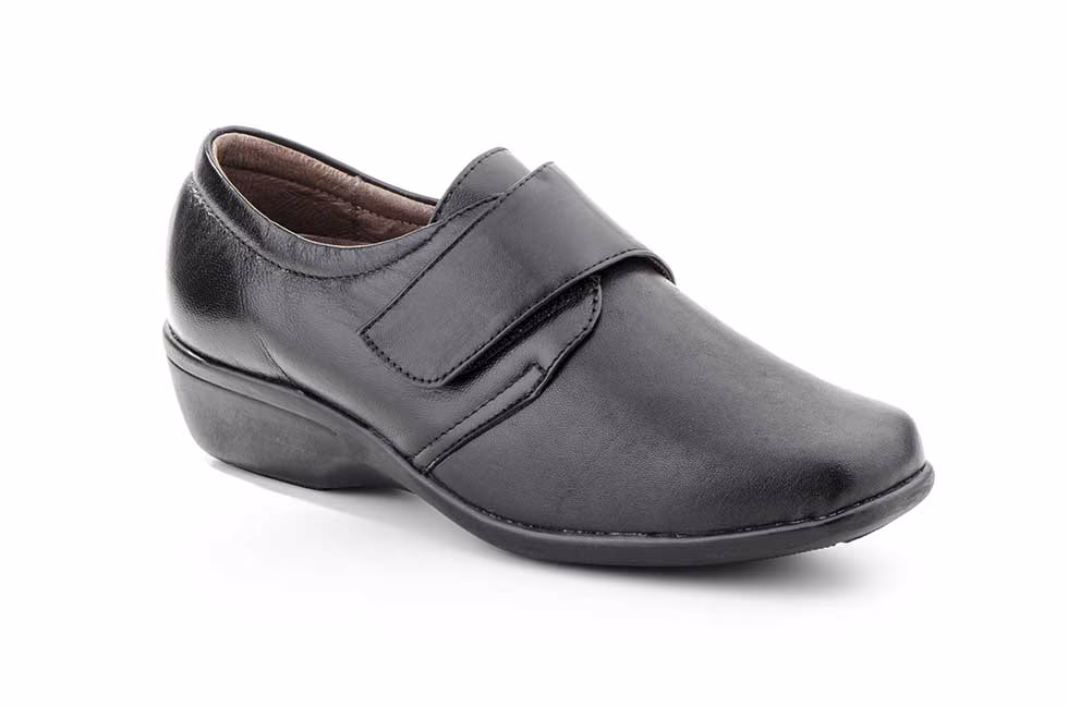 Zapatos Mujer Piel Negro Cuña Correa Plantilla Extraíble Ancho Especial Calzados Bailen ref. 722
