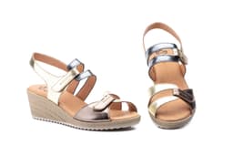 Sandalias Mujer Piel Platino Bronce Plomo Velcro Cuña Yute JAM ref. AE-3454