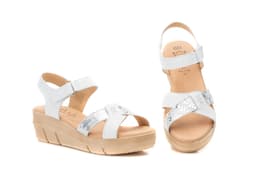 Women's Wedge Sandals White Silver Leather Velcro Gel Alto Estilo ref. AE-640