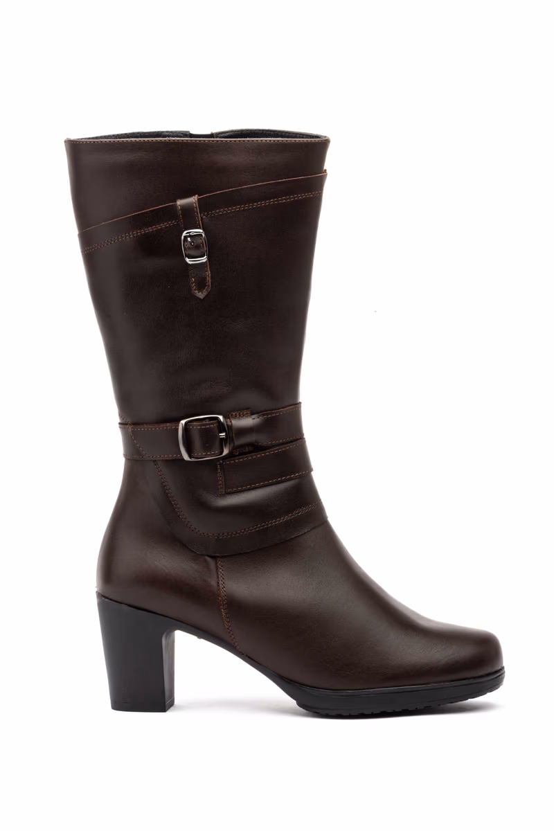 Botas Mujer Piel Marrón Hebilla Cremallera Tacón Ibérico ref. 1510