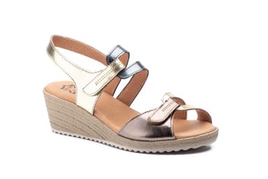 Sandalias Mujer Piel Platino Bronce Plomo Velcro Cuña Yute JAM ref. AE-3454