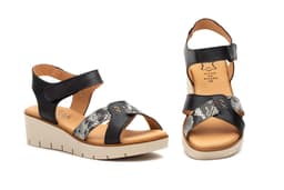 Women's Leather Sandals Black Adhesive Straps Wedge Gel Alto Estilo ref. AE-640