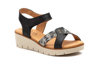 Women's Leather Sandals Black Adhesive Straps Wedge Gel Alto Estilo ref. AE-640