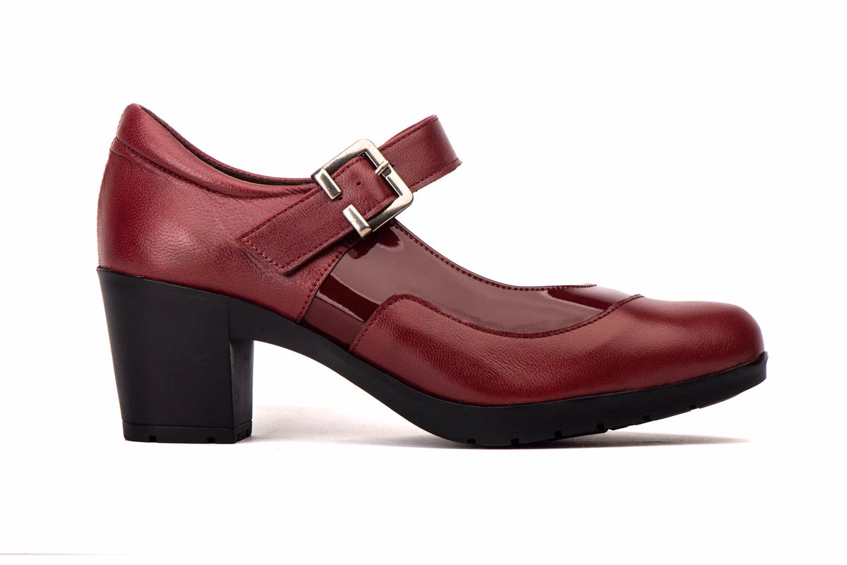 Zapatos Merceditas Mujer Piel y Charol Burdeos Tacón Hebilla Elástico JAM ref. 5023