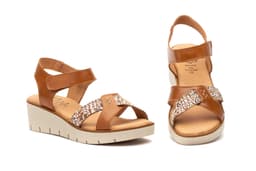 Women's Leather Sandals with Straps and Adhesive Gel Wedge Alto Estilo ref. AE-640
