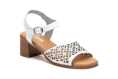 Women's Sandals White Leather Laser Engraved Heel Buckle Gel Insole JAM ref. SS-7065