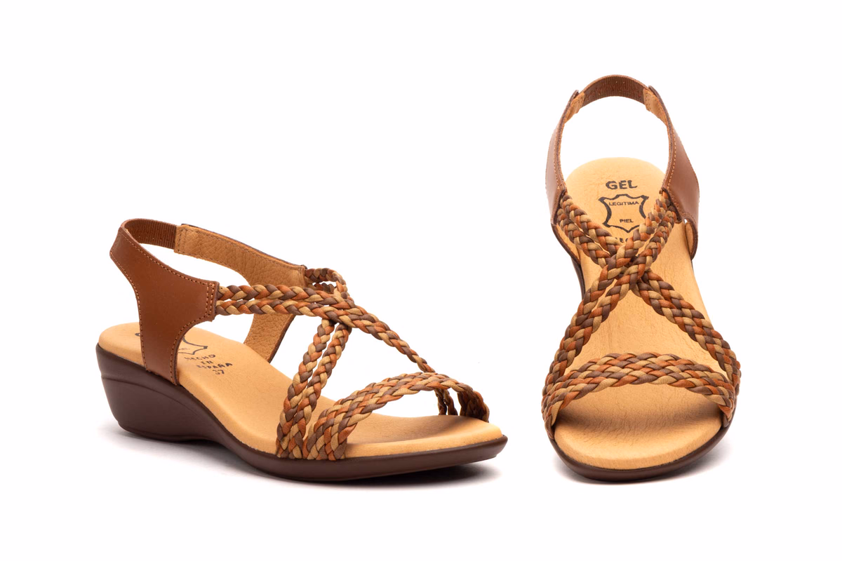 Sandales Femme Tressé Cuir-Camel Talon Cuir Coin Alto Estilo ref. 323