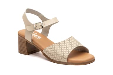 Women's Beige Leather Sandals Wood Heel Buckle Gel Insole JAM ref. SS-6061