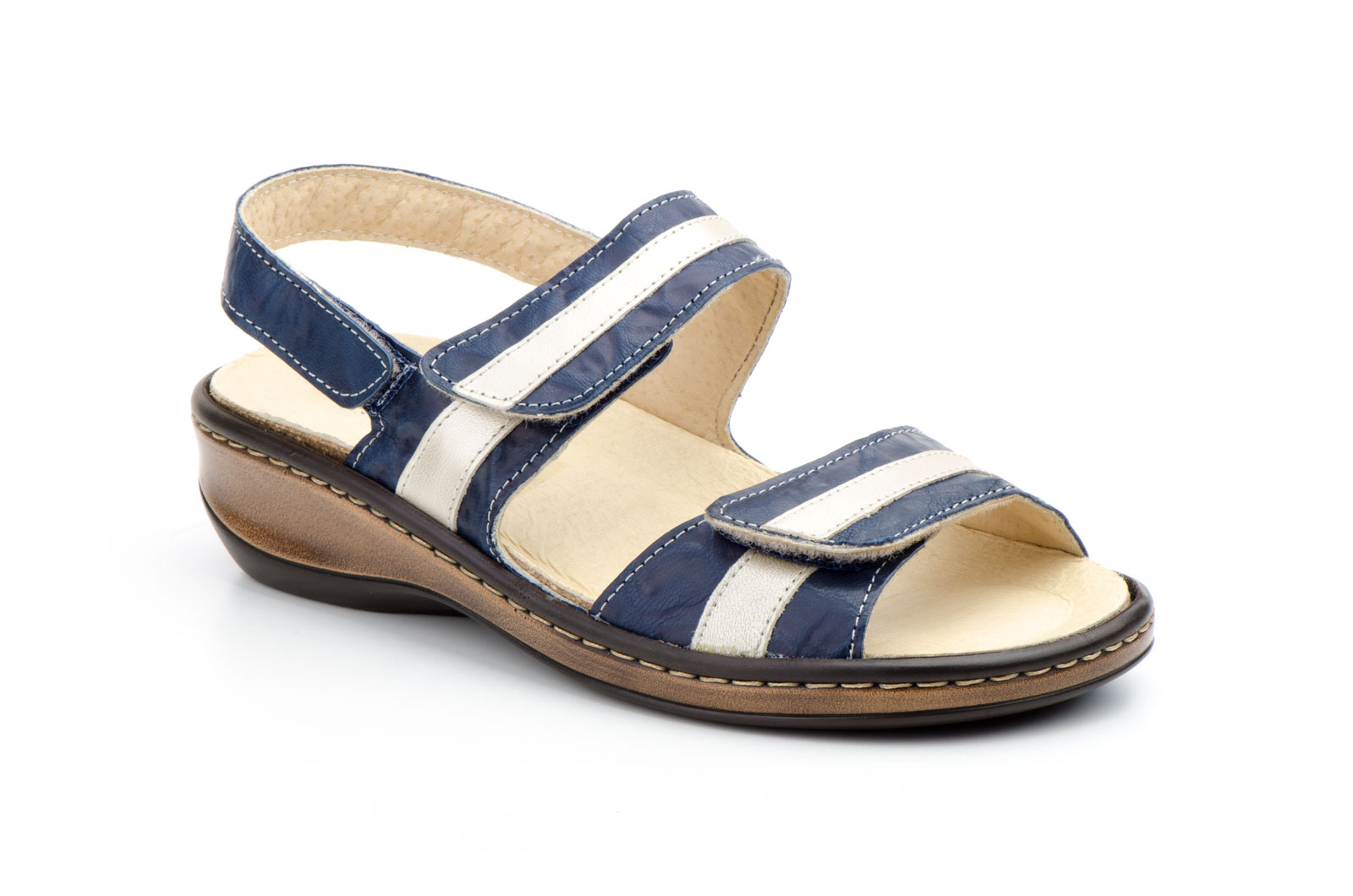 Sandalias Mujer Piel Marino Platino Planta Extraible Antideslizante Cosido  -  Ref. 5050 Relax Marino Platino