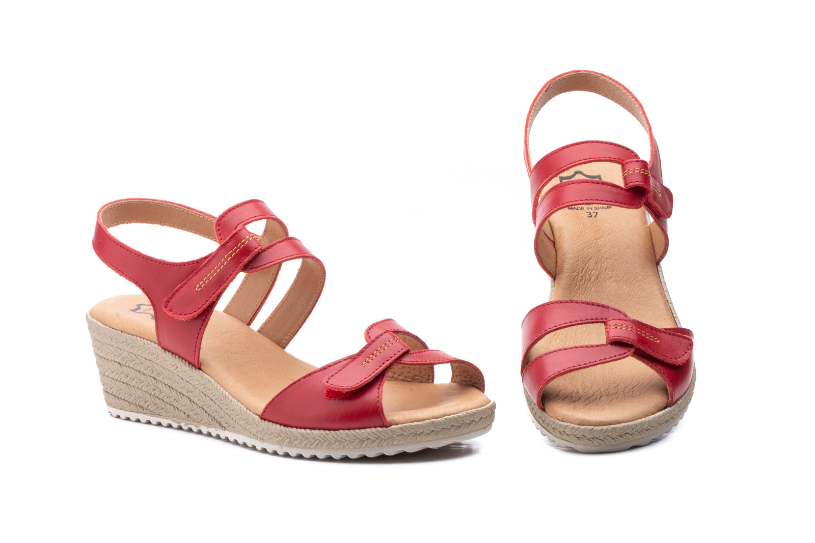 Sandalias Mujer Piel Rojo Velcro Cuña Yute  -  Ref. 3454 Rojo