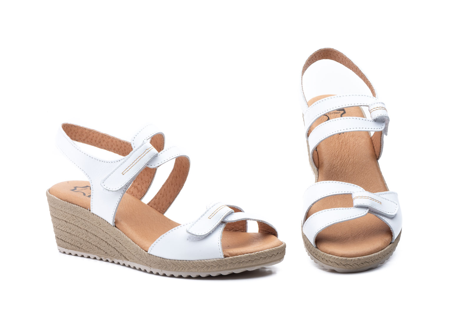 Sandalias Mujer Piel Blanco Velcro Cuña Yute  -  Ref. 3454 Blanco