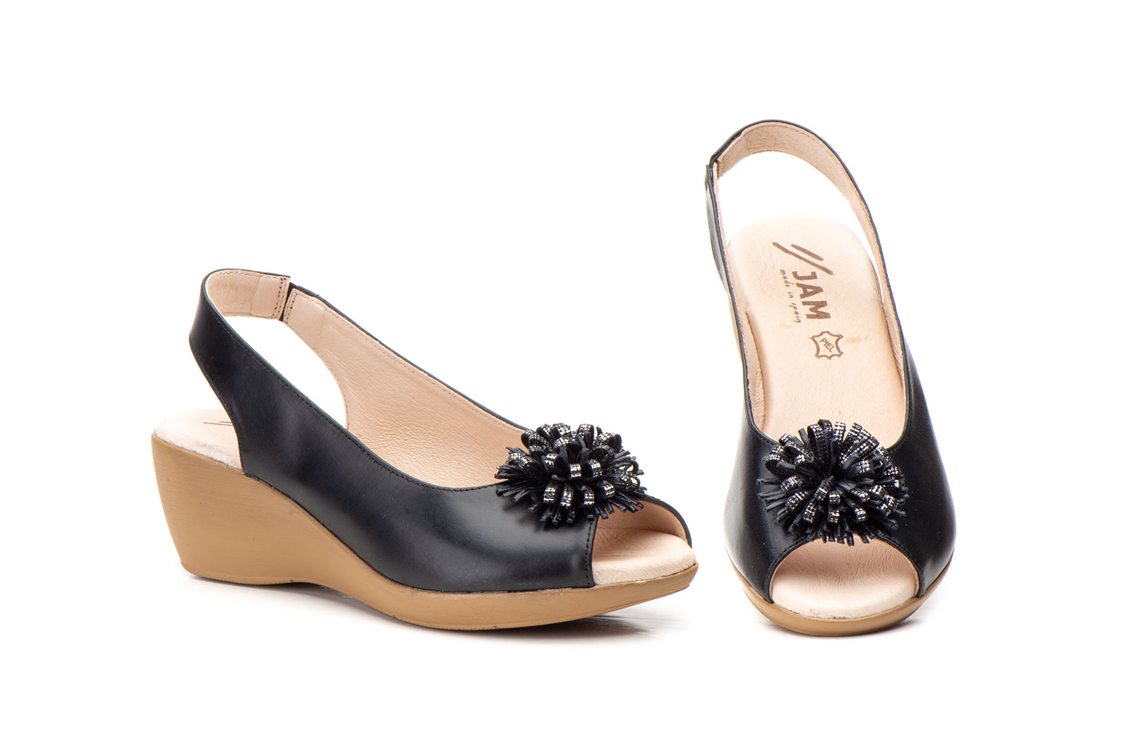 Sandalias Mujer Piel Negro Pompón Cuña  -  Ref. BL-150 Negro