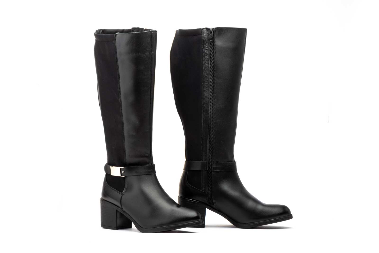 Botas Mujer Piel Negro Elástico Hebilla Tacón  -  Ref. 90683 Negro