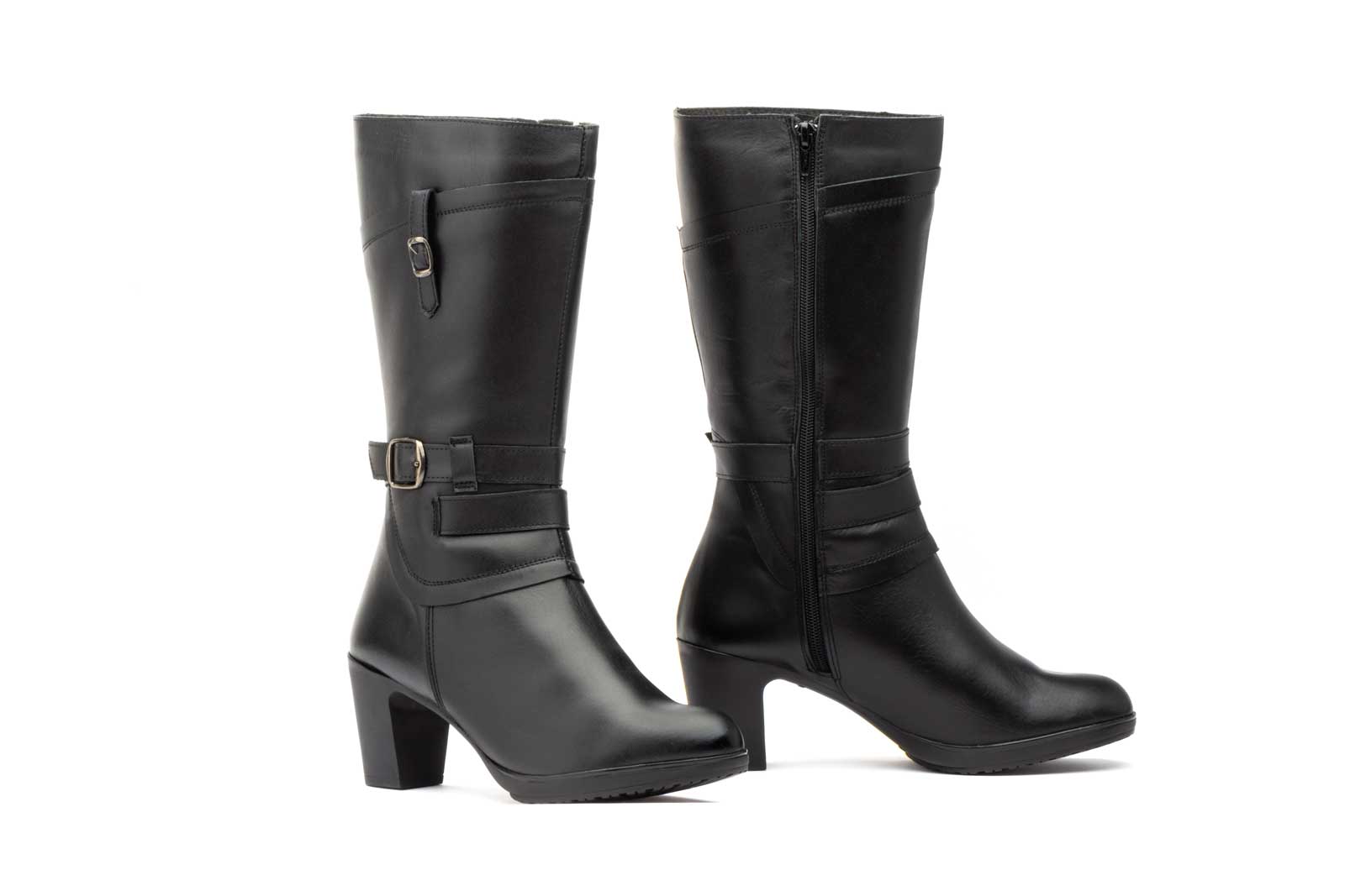 Botas Mujer Piel Negro Hebilla Cremallera Tacón  -  Ref. 1510 Negro