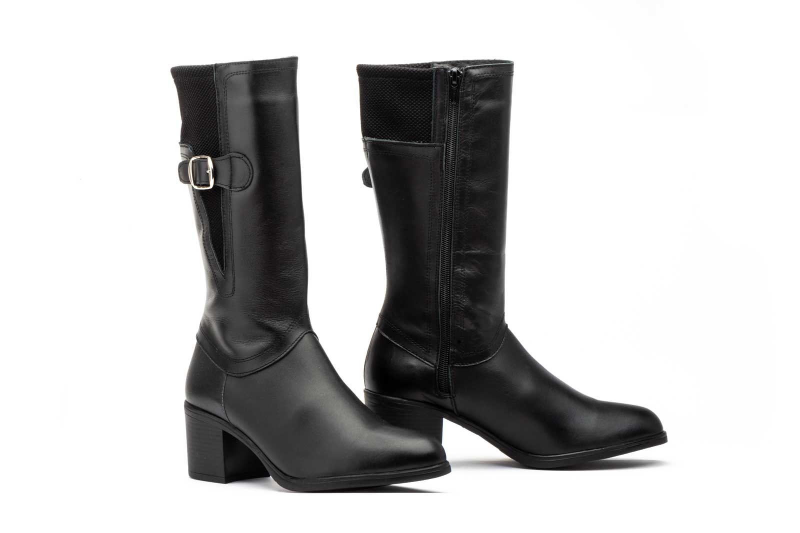 Botas Mujer Piel Negro Licra Hebilla Tacón  -  Ref. 90731 Negro