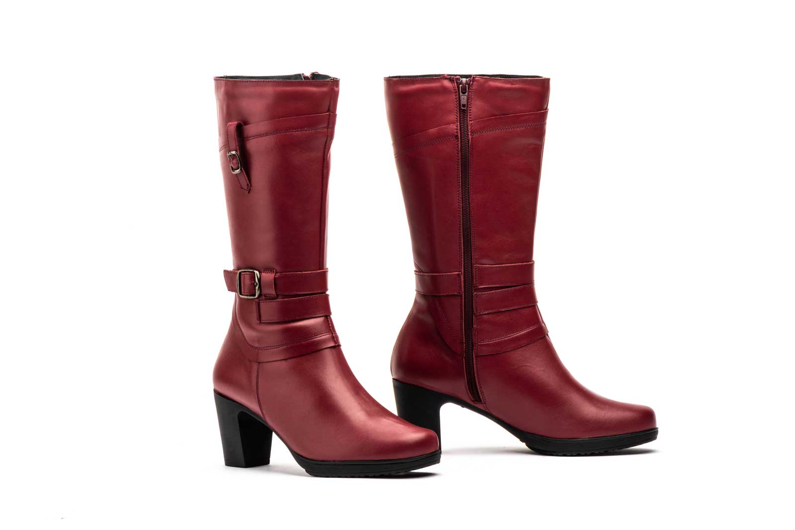 Botas Mujer Piel Burdeos Hebilla Cremallera Tacón  -  Ref. 1510 Burdeos