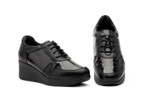 Zapatos Mujer Piel Negro Coco Cuña Cordones  -  Ref. DU-422 Negro