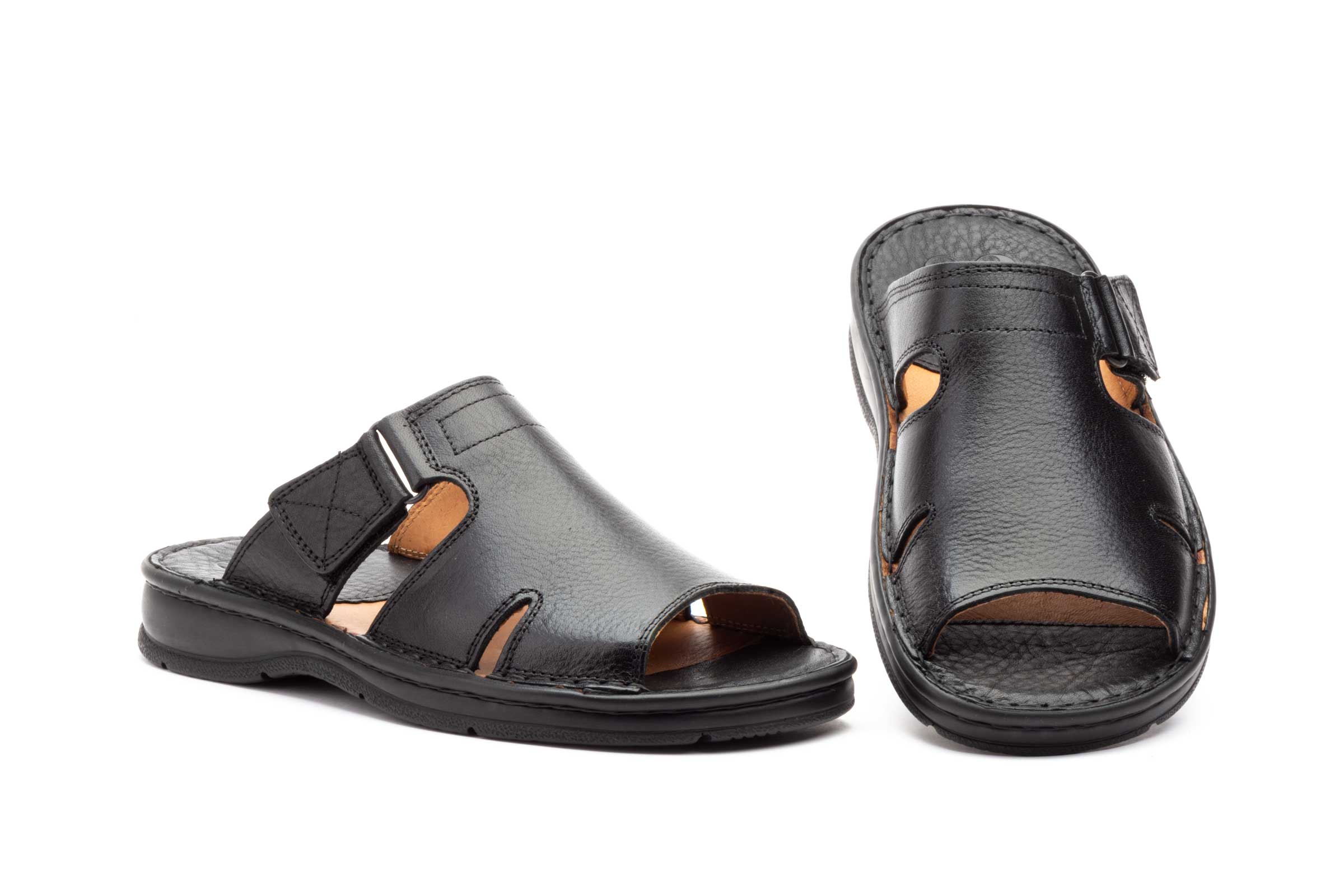 Sandalias Hombre Piel Negro Velcro  -  Ref. R83-5705 Negro