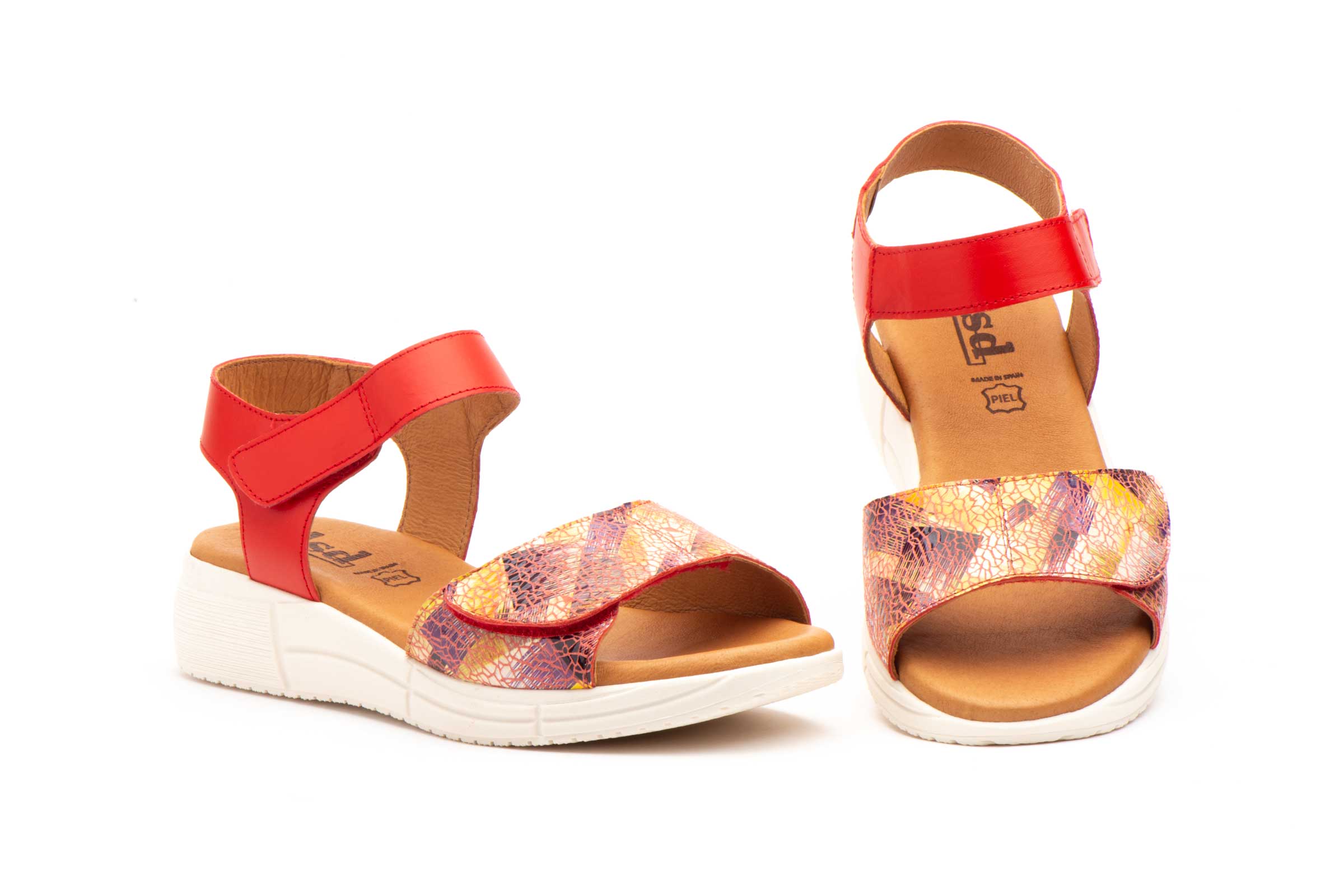 Sandalias Mujer Piel Rojo Velcro  -  Ref. DSD-10072 Rojo