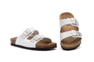 Sandalias Mujer Piel Blanco Plata Hebillas  -  Ref. 7377 Blanco Plata