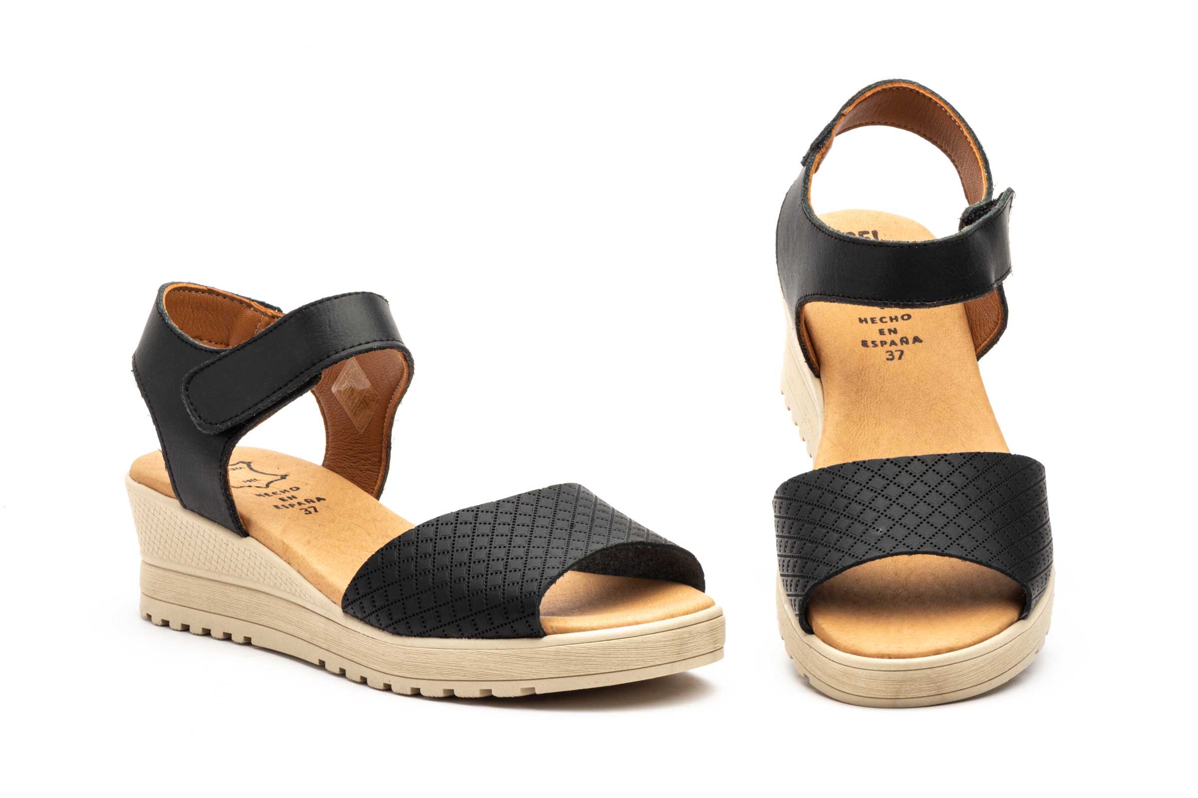 Sandalias Mujer Piel Negro Velcro Cuña  -  Ref. AE-649 Negro