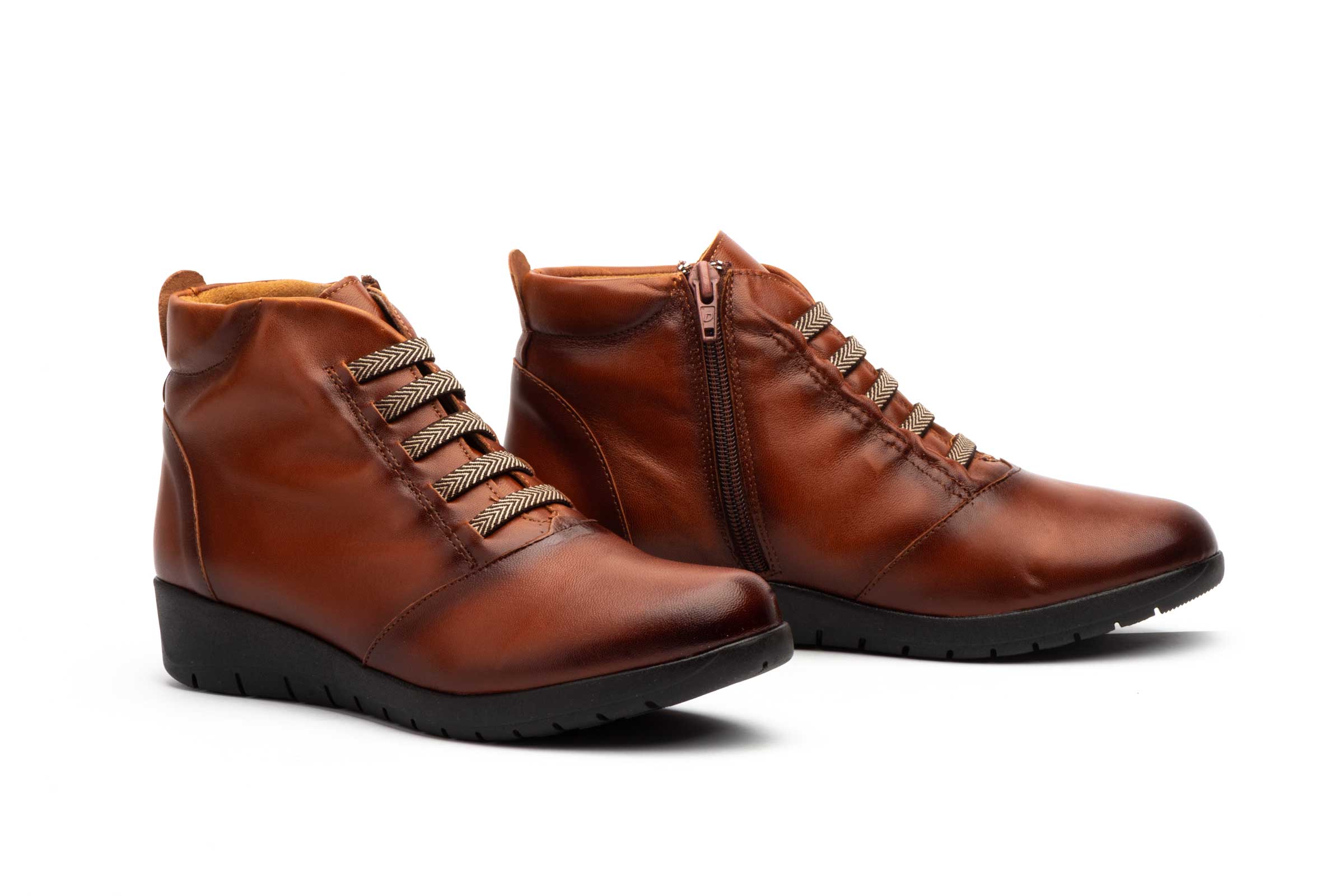 Botín Mujer Piel Cuero Cordones Elásticos Cremallera Cuña  -  Ref. FX-9502 Cuero