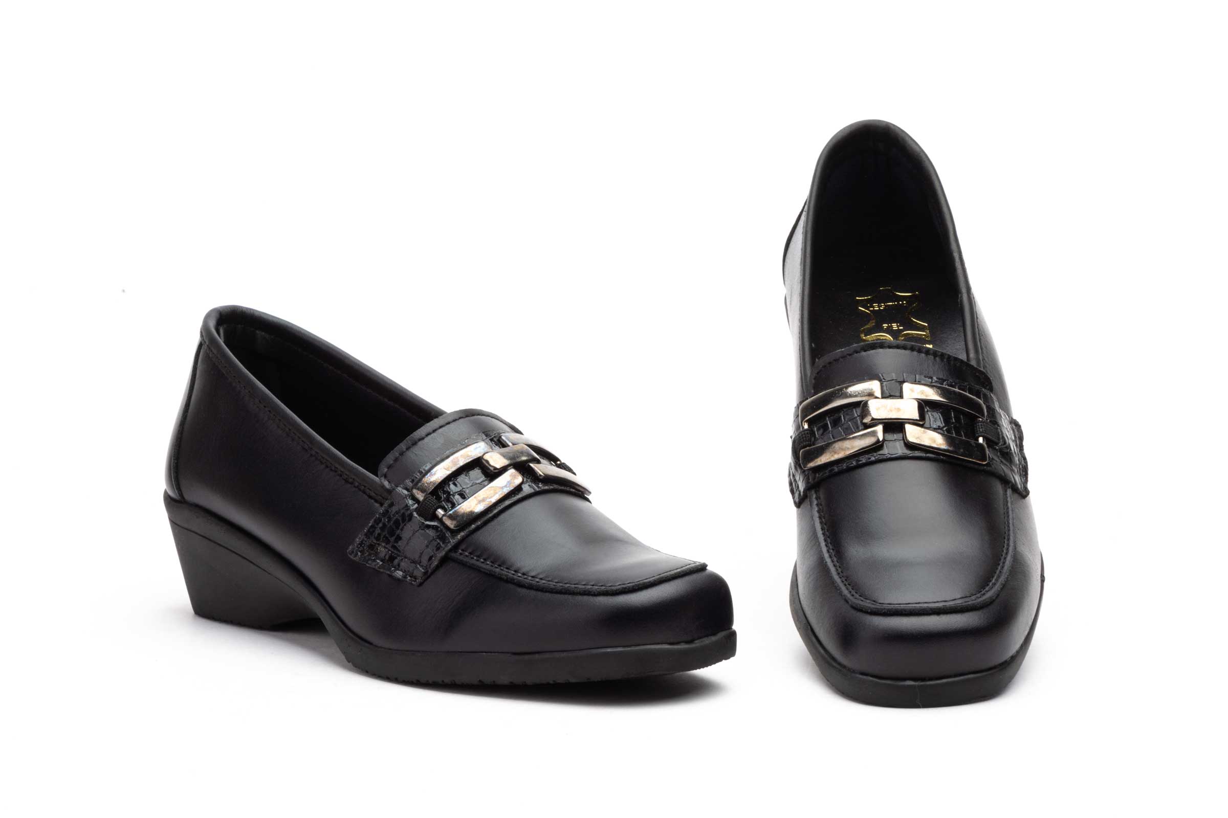 Zapatos Mujer Piel Negro Hebilla Cuña  -  Ref. AE-532 Negro